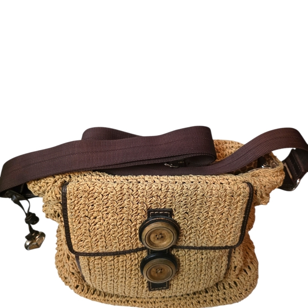 RARE Brighton Raffia Straw Crossbody Bag Boho Luxe Leather Heart Embossed Vintag - Picture 4 of 16